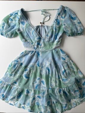 Blue & Mint Floral Tiered Mini Dress with Puff Sleeves